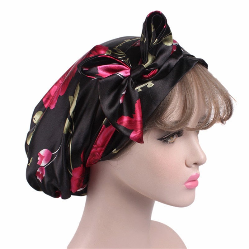 Qhome cap Qhome Satin Bow Headscarf Comfortable Sleeping Bonnet Curly Hair Wrap Womens Silk Head Scarf Head Wrap Cap - Image 2